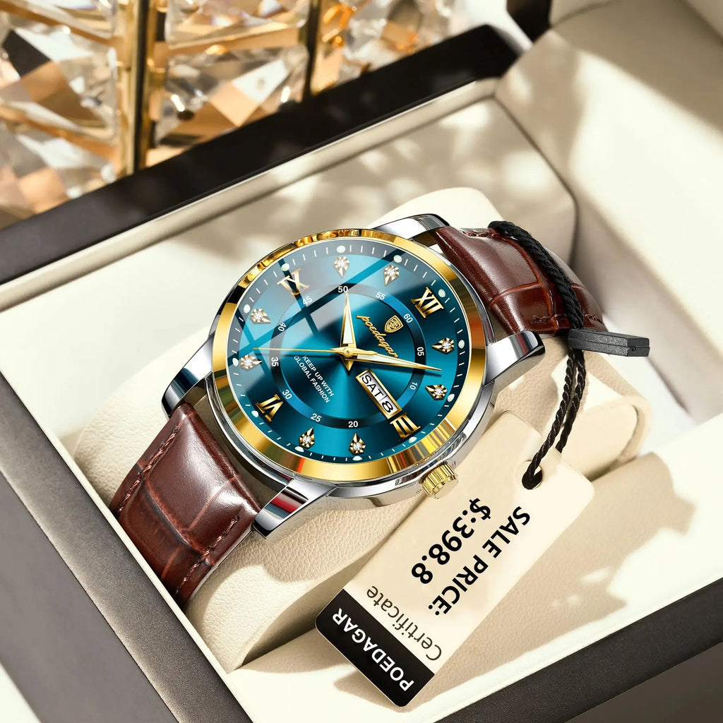 POEDAGAR Luxury Business Male Wristwatch Waterproof Luminous Leather Man Watch Date Week Sport Casual Men's Quartz Watches reloj