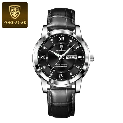 POEDAGAR Luxury Business Male Wristwatch Waterproof Luminous Leather Man Watch Date Week Sport Casual Men's Quartz Watches reloj