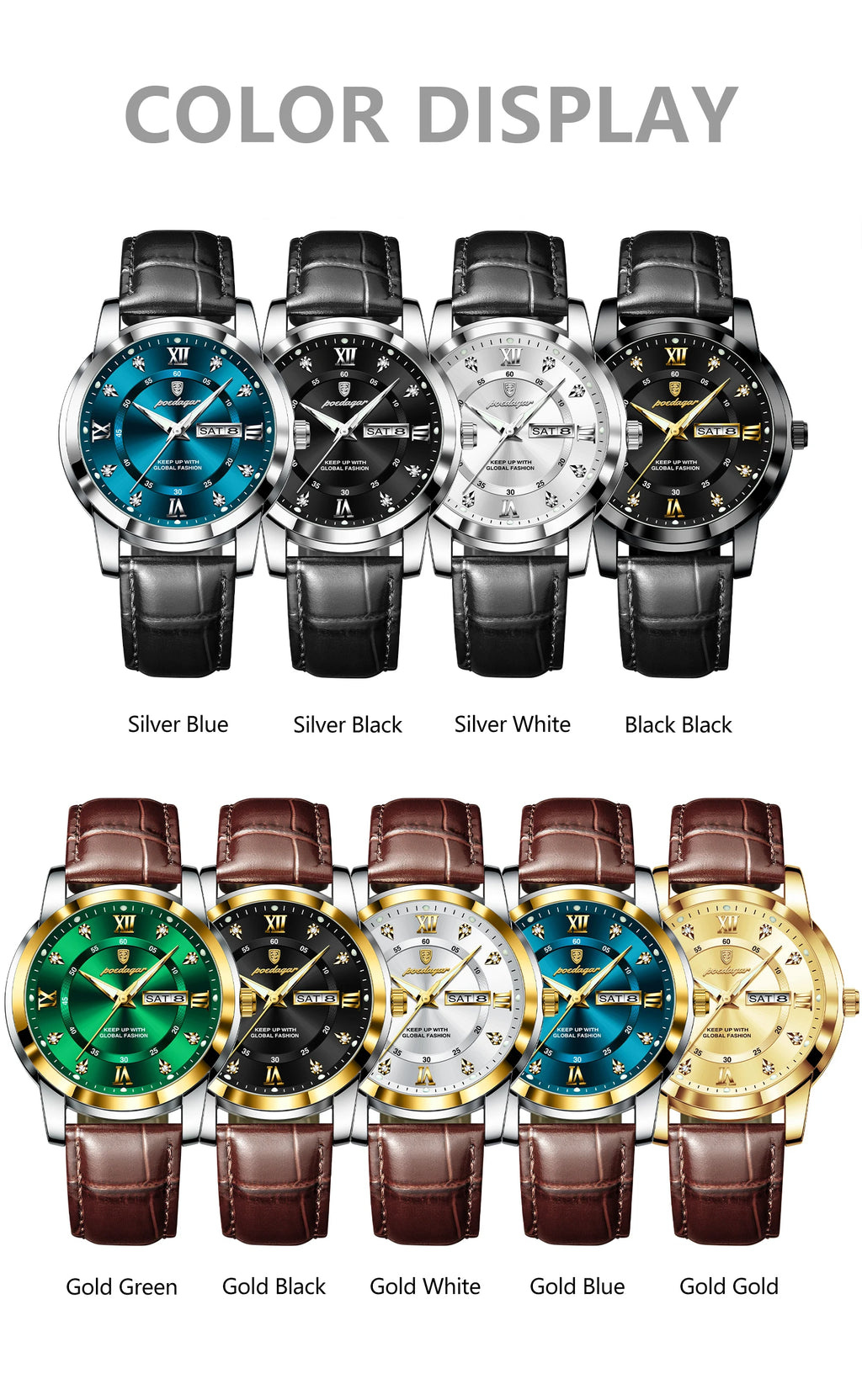 POEDAGAR Luxury Business Male Wristwatch Waterproof Luminous Leather Man Watch Date Week Sport Casual Men's Quartz Watches reloj