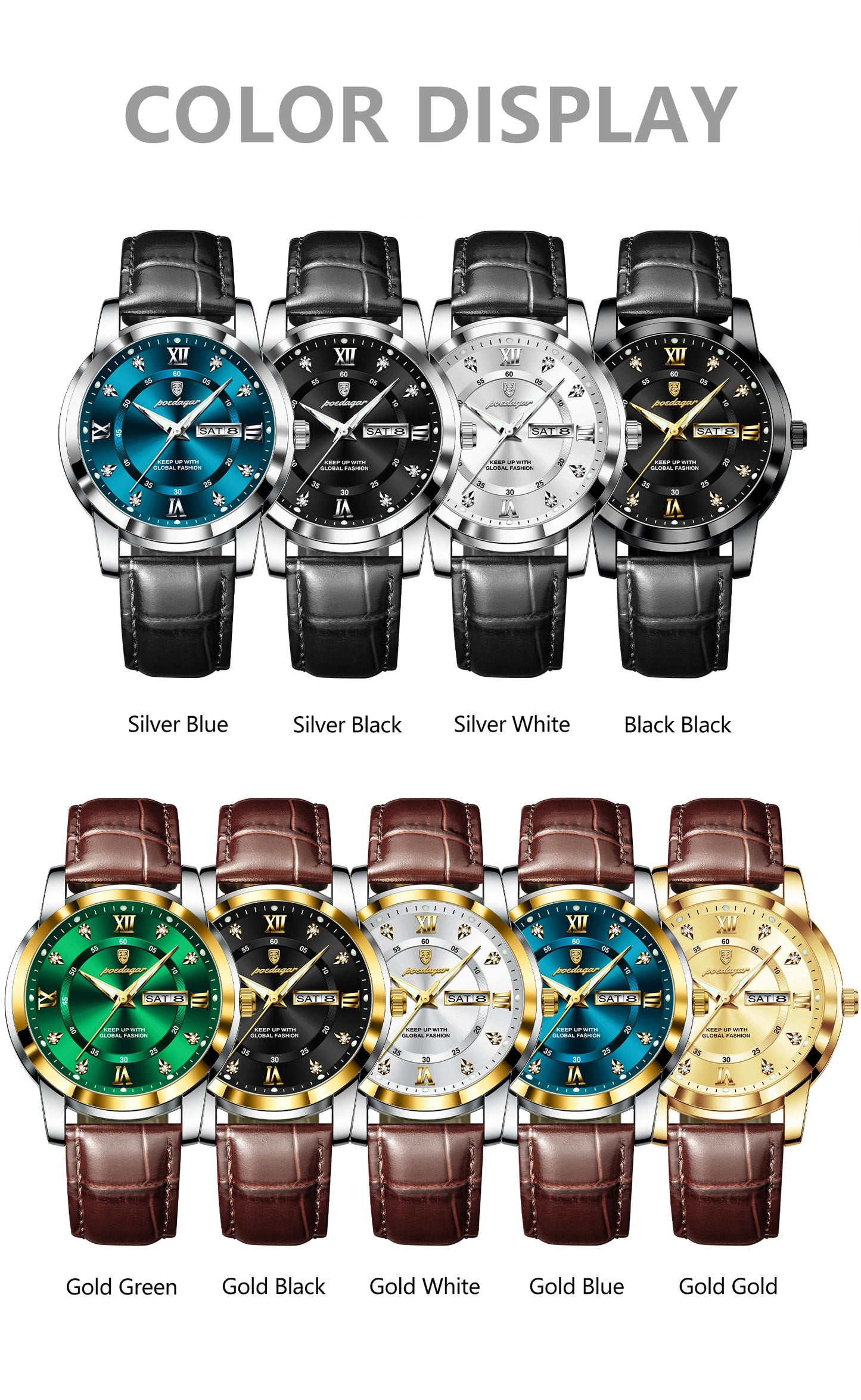 POEDAGAR Luxury Business Male Wristwatch Waterproof Luminous Leather Man Watch Date Week Sport Casual Men's Quartz Watches reloj