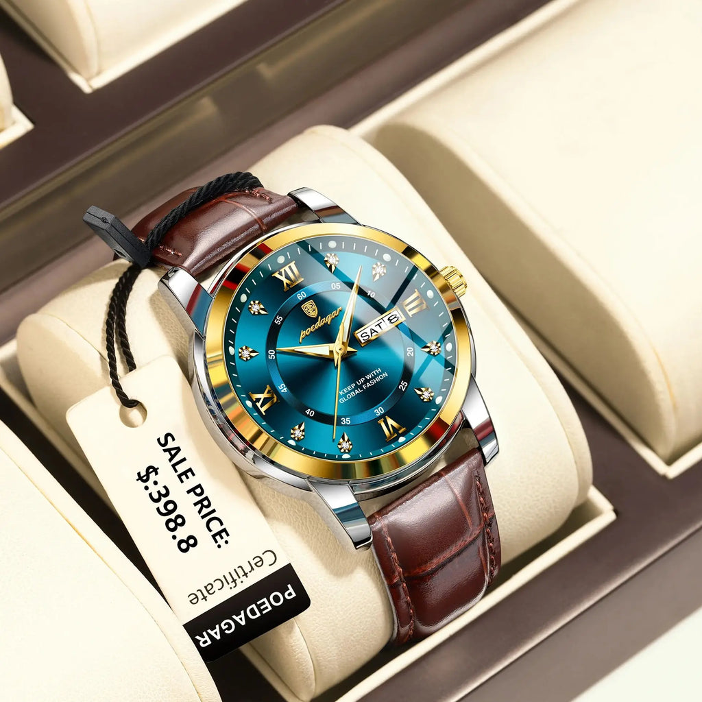 POEDAGAR Luxury Business Male Wristwatch Waterproof Luminous Leather Man Watch Date Week Sport Casual Men's Quartz Watches reloj