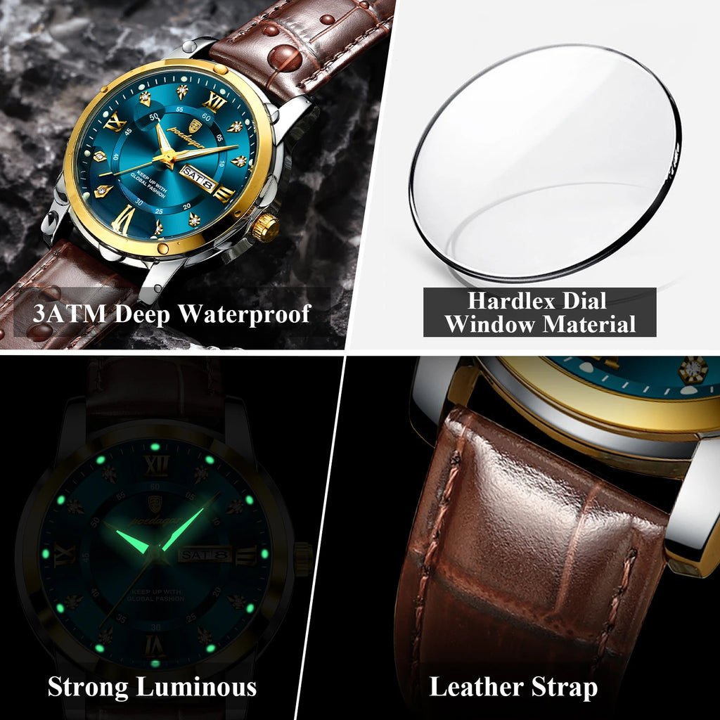 POEDAGAR Luxury Business Male Wristwatch Waterproof Luminous Leather Man Watch Date Week Sport Casual Men's Quartz Watches reloj