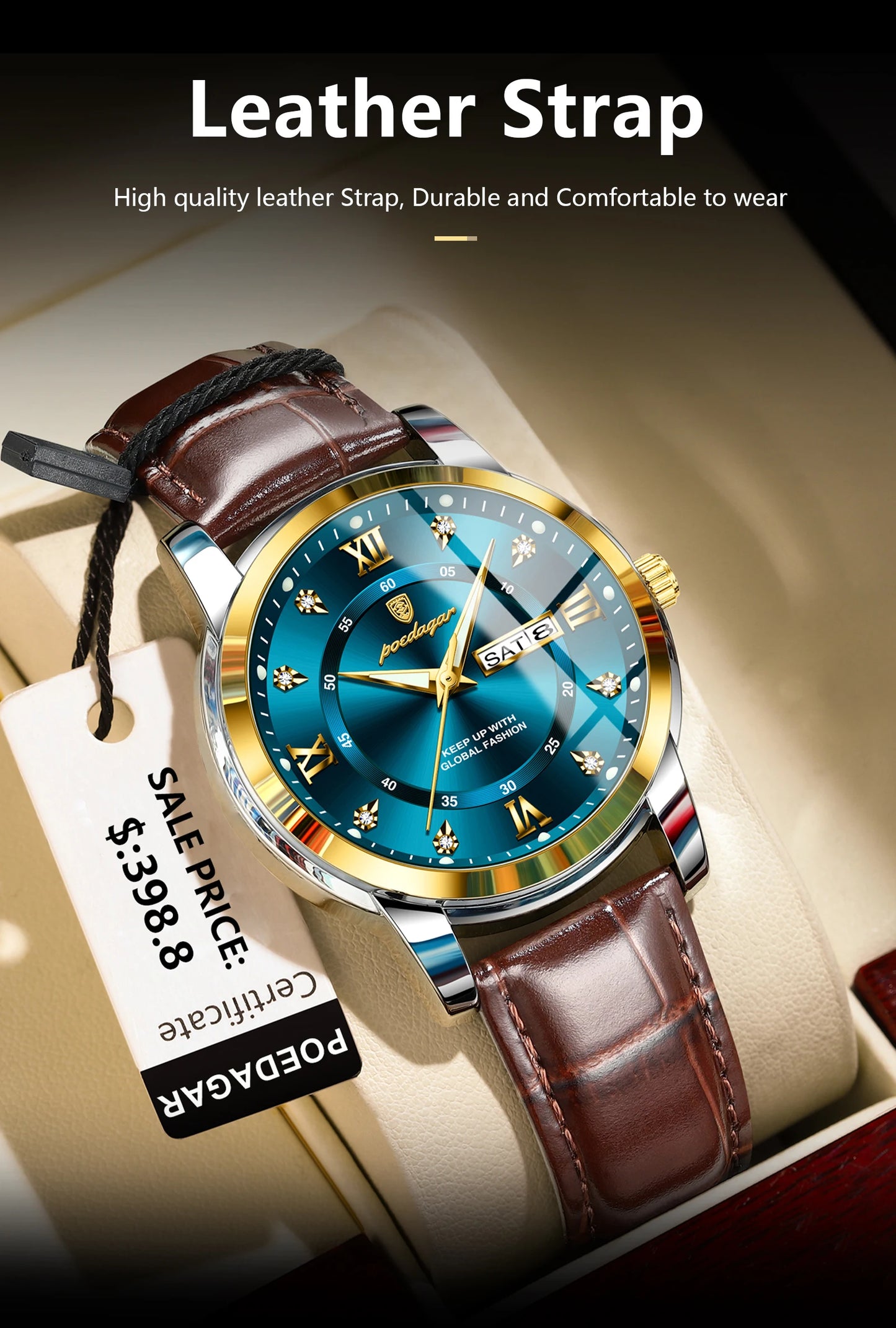 POEDAGAR Luxury Business Male Wristwatch Waterproof Luminous Leather Man Watch Date Week Sport Casual Men's Quartz Watches reloj