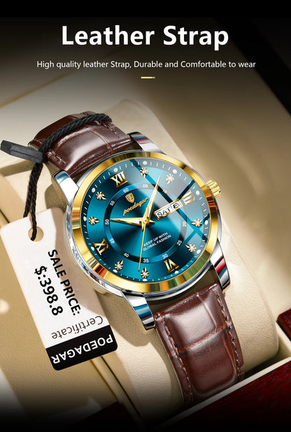 POEDAGAR Luxury Business Male Wristwatch Waterproof Luminous Leather Man Watch Date Week Sport Casual Men's Quartz Watches reloj
