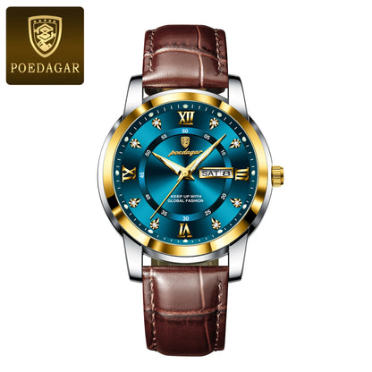 POEDAGAR Luxury Business Male Wristwatch Waterproof Luminous Leather Man Watch Date Week Sport Casual Men's Quartz Watches reloj