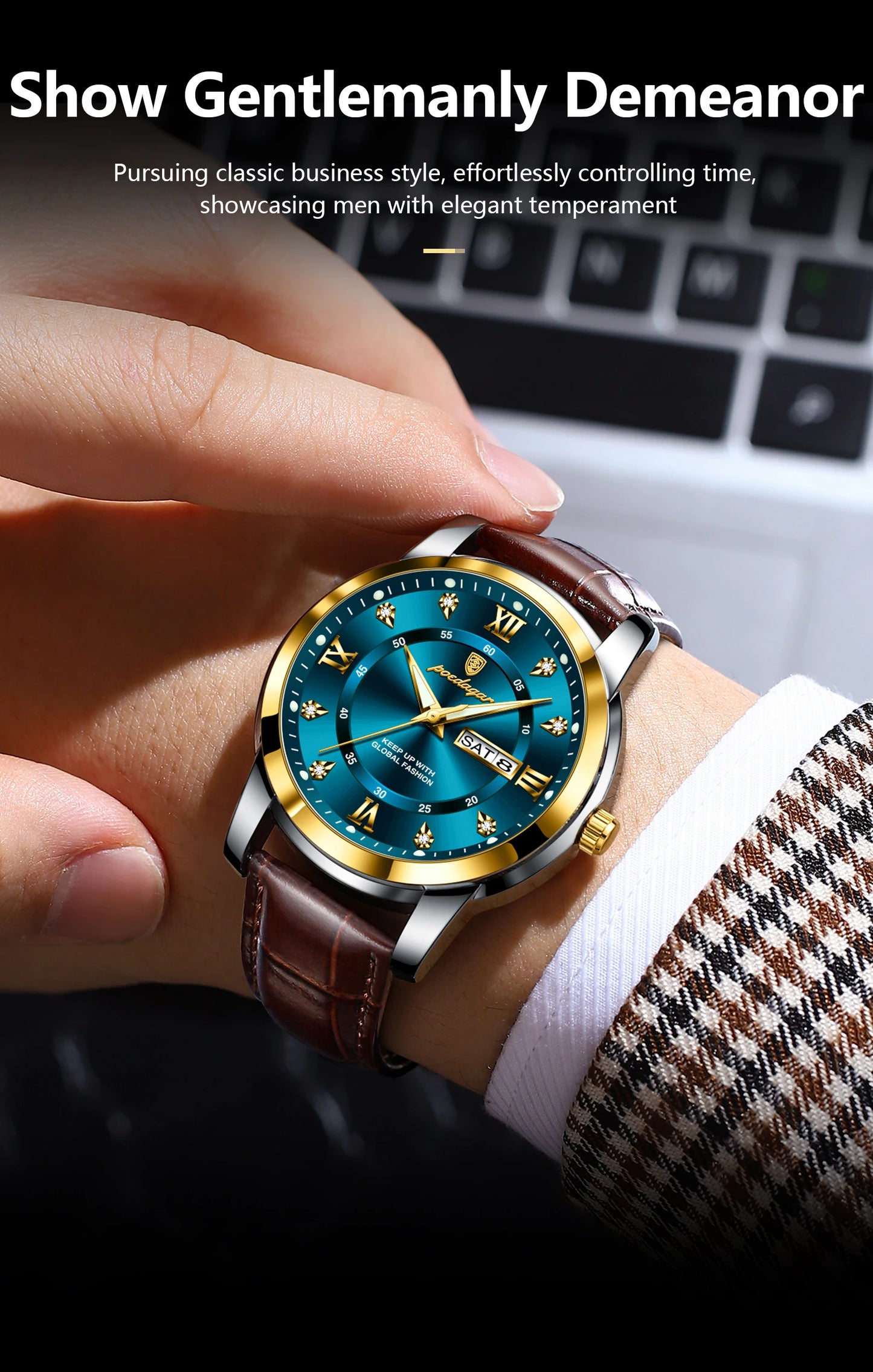 POEDAGAR Luxury Business Male Wristwatch Waterproof Luminous Leather Man Watch Date Week Sport Casual Men's Quartz Watches reloj