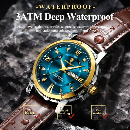 POEDAGAR Luxury Business Male Wristwatch Waterproof Luminous Leather Man Watch Date Week Sport Casual Men's Quartz Watches reloj