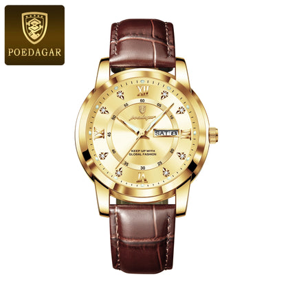 POEDAGAR Luxury Business Male Wristwatch Waterproof Luminous Leather Man Watch Date Week Sport Casual Men's Quartz Watches reloj